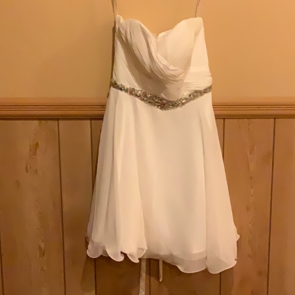 Dancing Queen Strapless White Chiffon Dress with Silver Sequin Accents